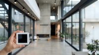 Smart home control device in hand with modern interior background, suitable for technology, automation, and residential applications.