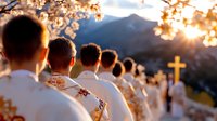 Row of priests in white vestments at sunset ceremony with mountain backdrop and cherry blossoms, golden light illuminating religious outdoor gathering.