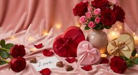 Romantic Valentine's Day setup with red and pink roses, heart-shaped gift boxes, scattered petals, glowing candles and love note on soft pink silk fabric.