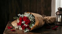 Romantic red rose bouquet wrapped in brown kraft paper with baby's breath on rustic wooden table with scattered petals and vintage lantern for Valentine's Day.