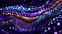 Glowing abstract wave pattern with sparkling particles in purple, blue and gold colors creating dynamic flowing motion effect on dark background.