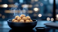 Fresh steaming hot meatballs or potato croquettes served in black ceramic bowl against dark background with bokeh lights, atmospheric food photography.