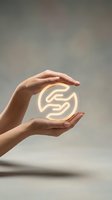 Two hands holding a glowing neon circular arrow symbol against neutral background, representing sustainability, recycling, circular economy, and renewable energy concepts for business and environmental design.