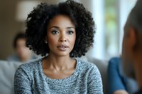 Young African American woman with curly hair in gray sweater having serious conversation in modern office environment for business communication.