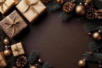 Festive frame with wrapped gifts, golden Christmas ornaments, pine cones and evergreen branches on dark brown background, copy space in center for text.