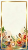 Culinary frame with cooking utensils, fresh vegetables, herbs and spices arranged at bottom on cream background with gold border, isolated for recipe cards and menu design.