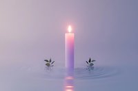 Glowing pink candle creating ripples in calm water with small green leaves, mystical atmosphere in soft purple hues for spiritual and wellness concepts.