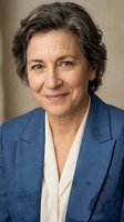 Middle-aged woman with short gray hair wearing blue blazer and cream blouse, professional headshot for corporate, business, and executive portraits.