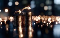 Growing stacks of golden coins with glowing arrow showing upward financial trend against blurred bokeh lights background, symbolizing wealth and investment growth.