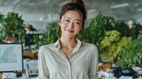 Young Asian businesswoman smiling confidently in modern green office workspace with plants. Professional female entrepreneur in casual shirt at eco-friendly workplace.