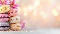 Delicate French macarons in pastel pink, beige and white stacked with lily flowers against soft bokeh background, sprinkled with sugar crystals for festive mood.