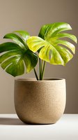 Variegated Monstera deliciosa plant with bright green and yellow split leaves growing in modern beige ceramic pot against neutral background. Natural sunlight creates depth.