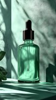 Green glass dropper bottle with natural window shadows on mint background, cosmetic serum packaging mockup for skincare and beauty products.