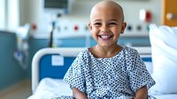 Young patient in hospital gown smiling brightly while sitting on bed in medical ward, showing resilience and hope during treatment. Positive healthcare story.