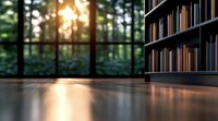 Modern library interior with wooden floor reflecting sunset light through panoramic windows overlooking forest, bookshelf silhouette creates cozy reading atmosphere.
