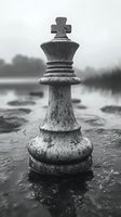Chess king piece standing in water with dramatic moody reflection and bokeh background, artistic black and white photography composition for strategy concepts.