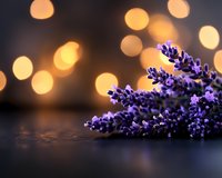 Fresh lavender sprigs against blurred golden bokeh lights creating romantic atmosphere on dark background, soft focus macro photography for spa and wellness.