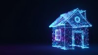 Digital wireframe house glowing with blue neon lights on dark background. Smart home technology concept for real estate and automation presentations.