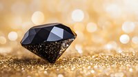 Black diamond crystal on golden glitter background with soft bokeh lights and sparkles, luxury jewelry concept for precious gems and wealth symbolism.