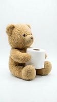 Cute brown teddy bear holding white toilet paper roll isolated on white background for bathroom humor and hygiene concepts.