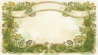 Ornate botanical frame with delicate fennel and herb foliage in green and gold tones, featuring decorative scrollwork and banner space for text, suitable for invitations, certificates, and design projects.