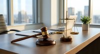 Professional law office desk with wooden gavel and brass scales of justice overlooking city skyline through modern windows for legal services branding.