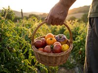 Farmer holding wicker basket full of fresh ripe tomatoes in organic vegetable garden at golden hour sunset. Healthy harvest concept for farm to table lifestyle.