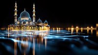 Illuminated mosque with ornate minarets reflecting in rippling water at night, glowing lights creating magical atmosphere and mirror effect on dark surface.