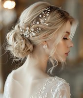 Elegant bridal hairstyle with pearl and crystal hair accessories, messy low bun updo on blonde woman wearing lace wedding dress, side profile portrait.