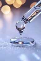 Glass dropper with clear liquid forming a drop above shimmering surface, captured in macro with soft bokeh lights in background, highlighting transparency and reflection.