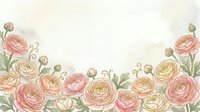 Delicate pink and cream ranunculus flowers with green leaves creating elegant floral border frame on soft beige background for wedding invitations.