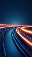 Dynamic light trails creating curved motion paths on dark blue background with glowing orange and blue streaks for technology and speed concepts.