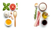 Fresh cooking ingredients arranged on white background with basil, tomato, garlic, flour, bacon, olive oil and herbs for culinary preparation and recipe creation.