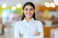 Young Hispanic businesswoman with confident smile wearing white shirt, arms crossed, standing in modern office space with blurred background. Professional portrait.