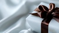 Elegant white gift box wrapped with luxurious brown satin ribbon bow against soft silky background, creating romantic and festive mood for special occasions.