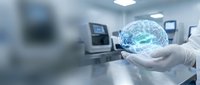 Scientist in white gloves holds a glowing holographic brain in a modern laboratory, symbolizing neuroscience and medical research innovation.