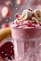Pink berry smoothie bowl topped with banana slices, raspberries and oats with dynamic splash effect for healthy breakfast and nutrition concepts.