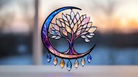 Mystical tree of life with cosmic galaxy background in crescent moon shape, adorned with crystal pendants. Spiritual symbol on blurred backdrop.
