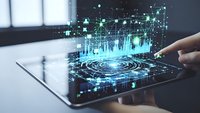 Digital transformation concept with holographic data visualization emerging from tablet screen showing network connections and futuristic interface.
