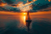 Majestic sailboat silhouette gliding across calm ocean waters during dramatic sunset with vibrant orange sky and turquoise clouds, perfect for travel advertising or inspirational designs.