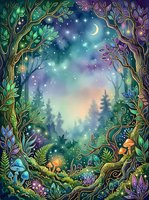 Enchanted forest gateway with glowing trees, magical foliage frame, starry night sky, crescent moon, and mystical woodland landscape. Fantasy art for book covers, posters, and digital design projects.