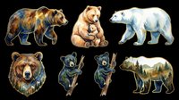 Watercolor bear clipart set with grizzly, polar, black, and mother bears isolated on transparent background, ready for stickers, t-shirt design, and print on demand.