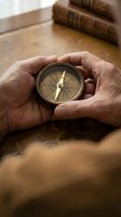 Elderly hands holding vintage brass compass with antique books on wooden table suggesting navigation guidance and life direction concepts.