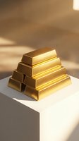 Stack of shiny gold bars arranged in pyramid formation on white surface with warm lighting and golden glow for investment and wealth concepts.