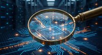 Magnifying glass examining glowing circuit board with digital connections and data pathways in futuristic technology concept for cybersecurity analysis.