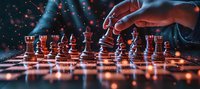Dramatic chess game scene with red and blue lighting effects, hand moving piece on reflective surface amid glowing particles, creating strategic atmosphere.