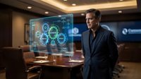 Middle-aged Caucasian businessman in dark suit presenting futuristic holographic interface with digital data visualization in modern conference room.