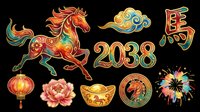 Chinese New Year of the Horse 2038 clipart set, isolated on transparent background, ready for stickers, T-shirts, print on demand, and sublimation designs.