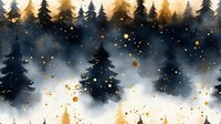 Magical winter forest landscape with glowing fireflies and golden sparkles against misty dark evergreen trees in watercolor style for seasonal greeting cards.
