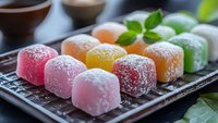 Colorful fruit jelly candies dusted with sugar arranged on cooling rack. Sweet confectionery treats in vibrant colors for dessert and snack concepts.